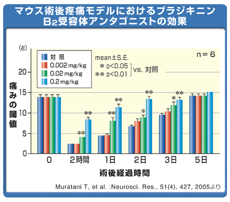 マウス術後疼痛モデルにおけるブラジキニン、B2受容体アンタゴニストの効果